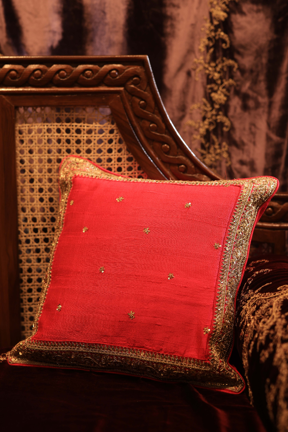 Pillow Cover Red Velvet Cushion With Gold Tassels Ivory Brown
