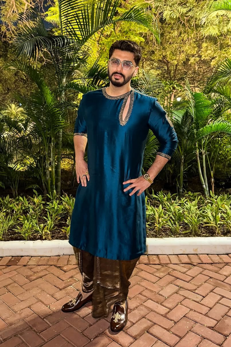 Arjun Kapoor in Teal Blue Chinya Silk Kurta Set